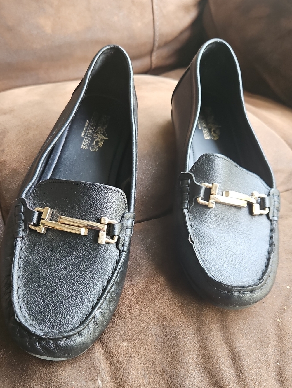 Coach and Four Black Leather Loafers with Gold Hardware